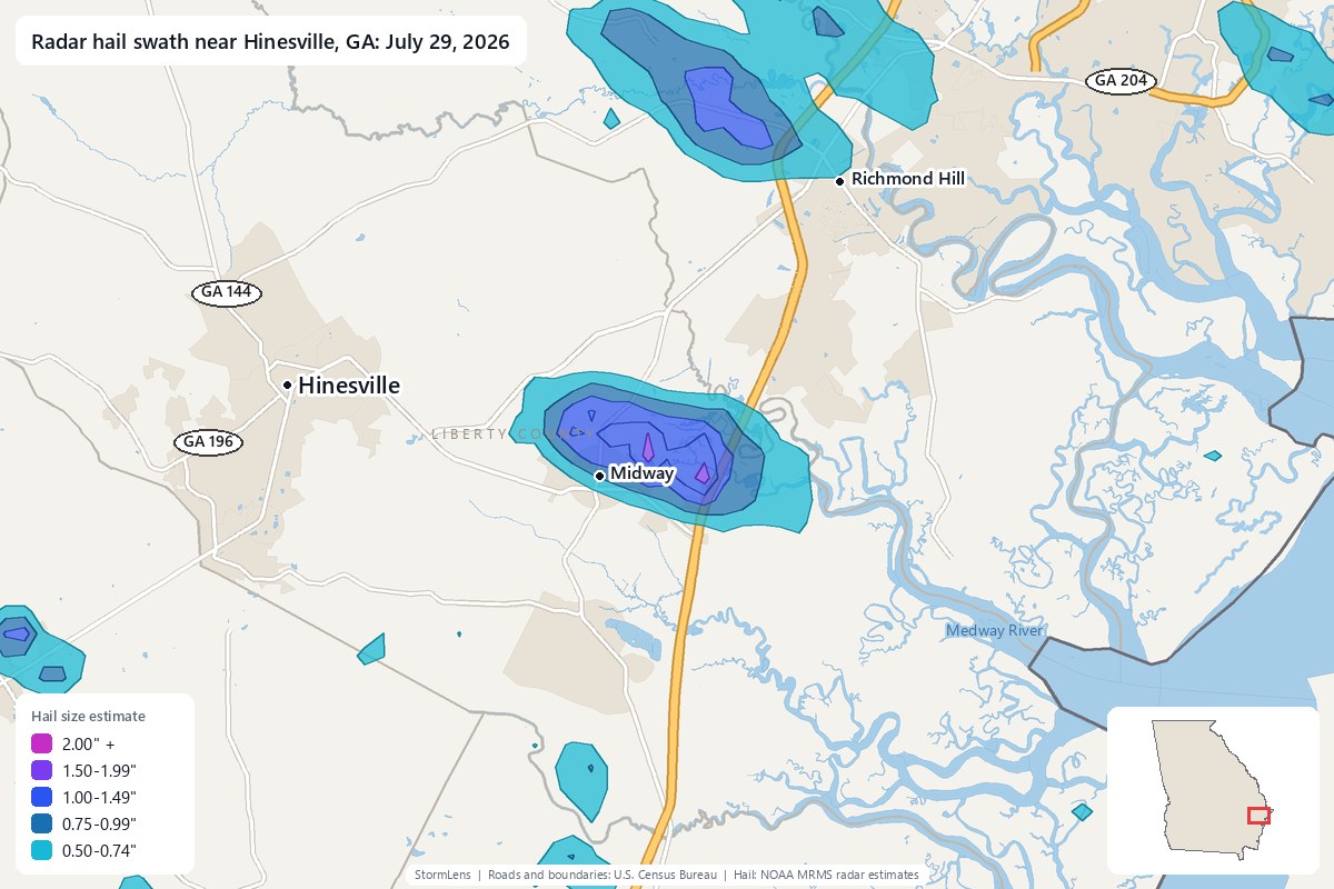 Radar-estimated hail swath near Hinesville, GA on July 29, 2026; colors show estimated hail sizes