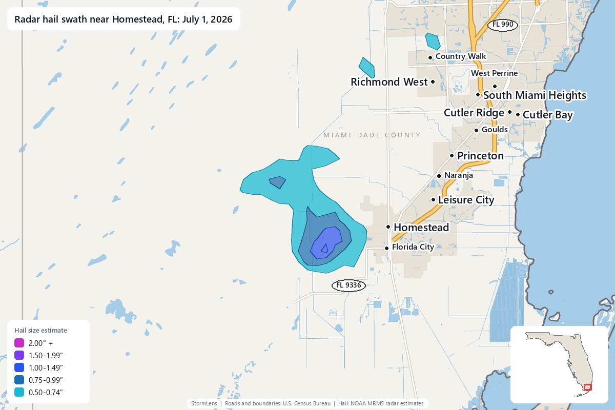 Radar-estimated hail swath near Homestead, FL on July 1, 2026; colors show estimated hail sizes