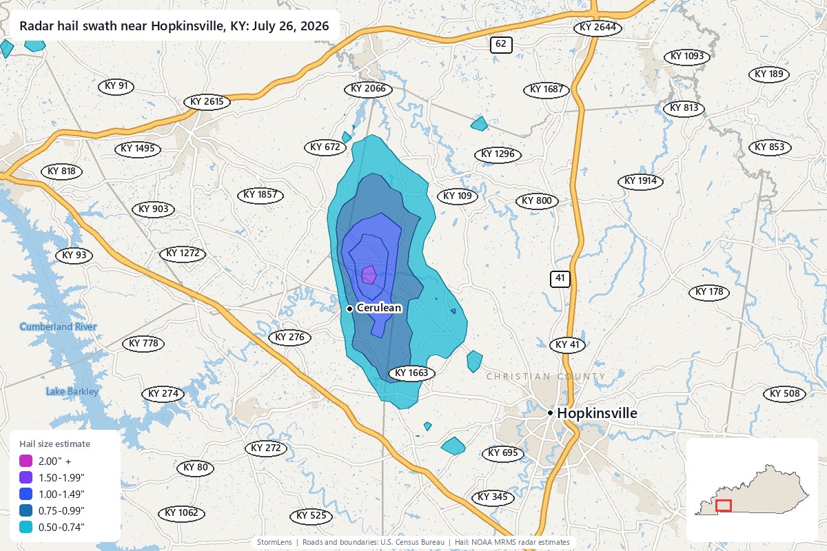 Radar-estimated hail swath near Hopkinsville, KY on July 26, 2026; colors show estimated hail sizes