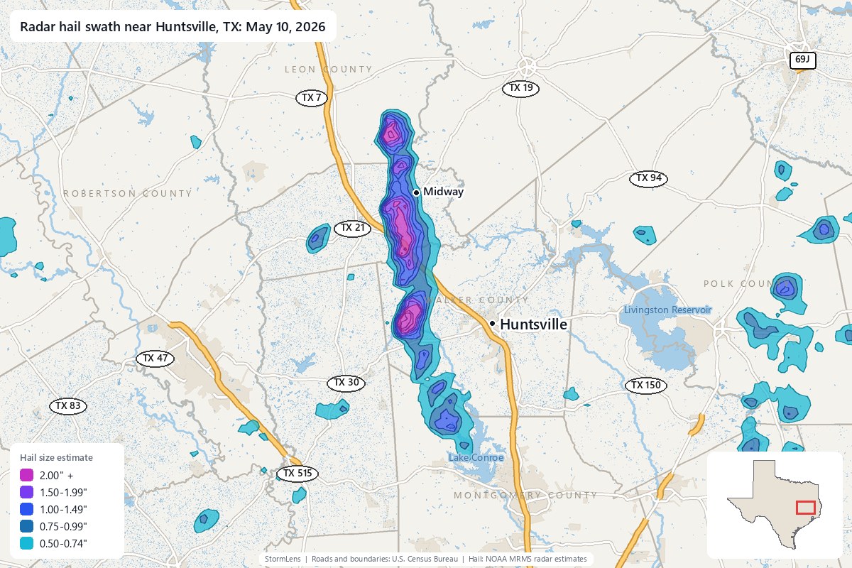 Radar-estimated hail swath near Huntsville, TX on May 10, 2026; colors show estimated hail sizes