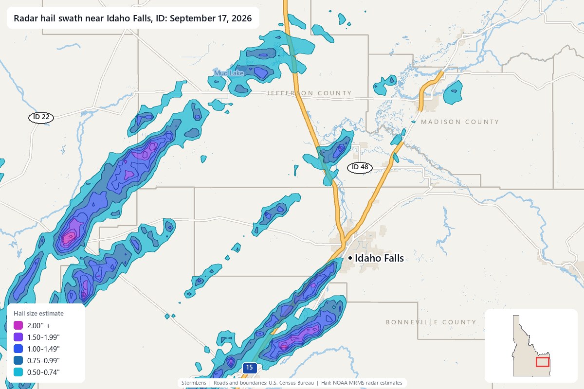 Radar-estimated hail swath near Idaho Falls, ID on September 17, 2026; colors show estimated hail sizes