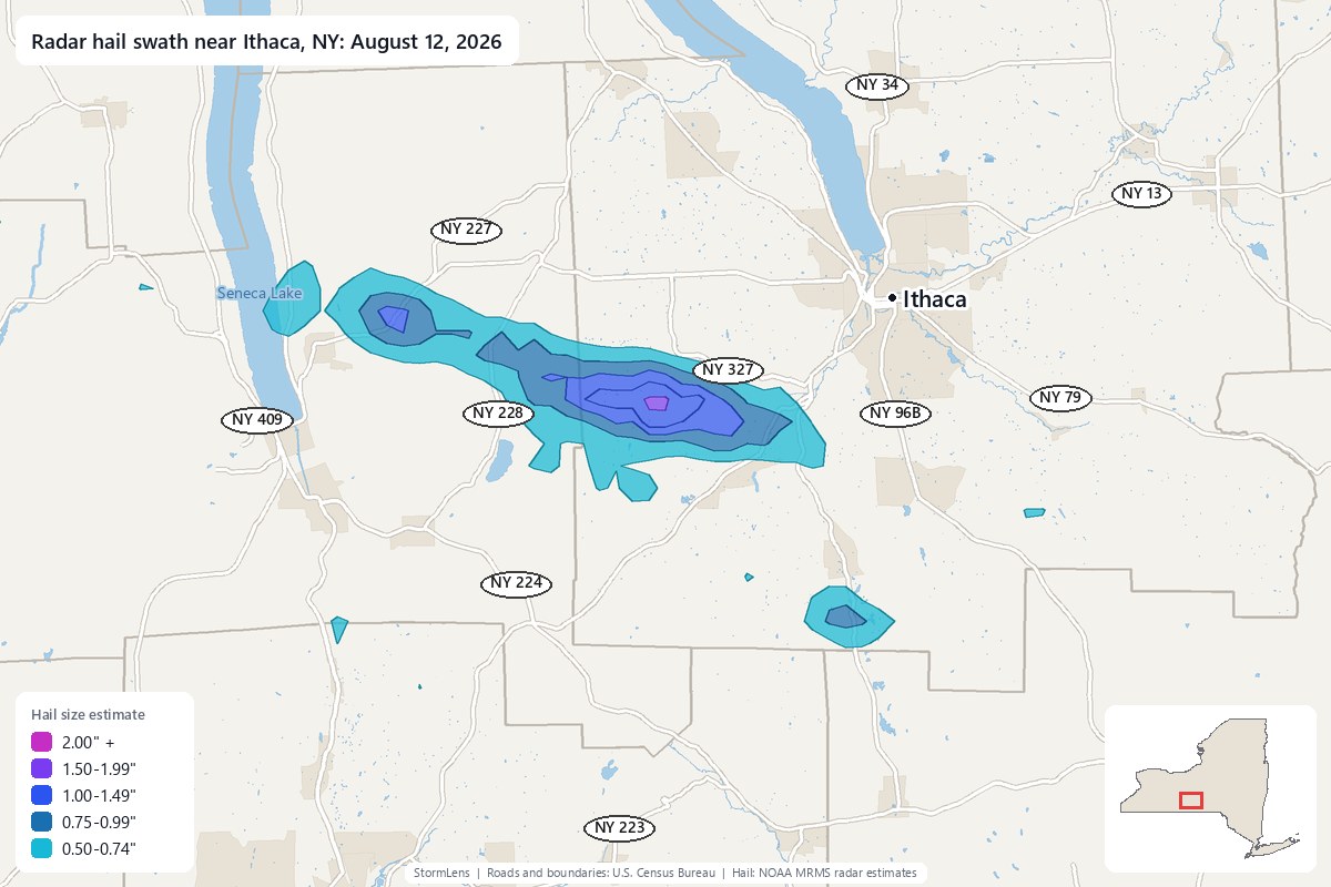 Radar-estimated hail swath near Ithaca, NY on August 12, 2026; colors show estimated hail sizes