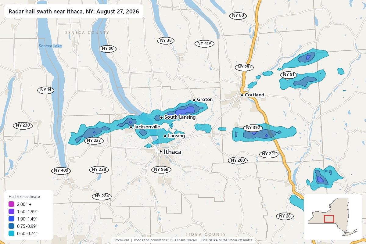 Radar-estimated hail swath near Ithaca, NY on August 27, 2026; colors show estimated hail sizes