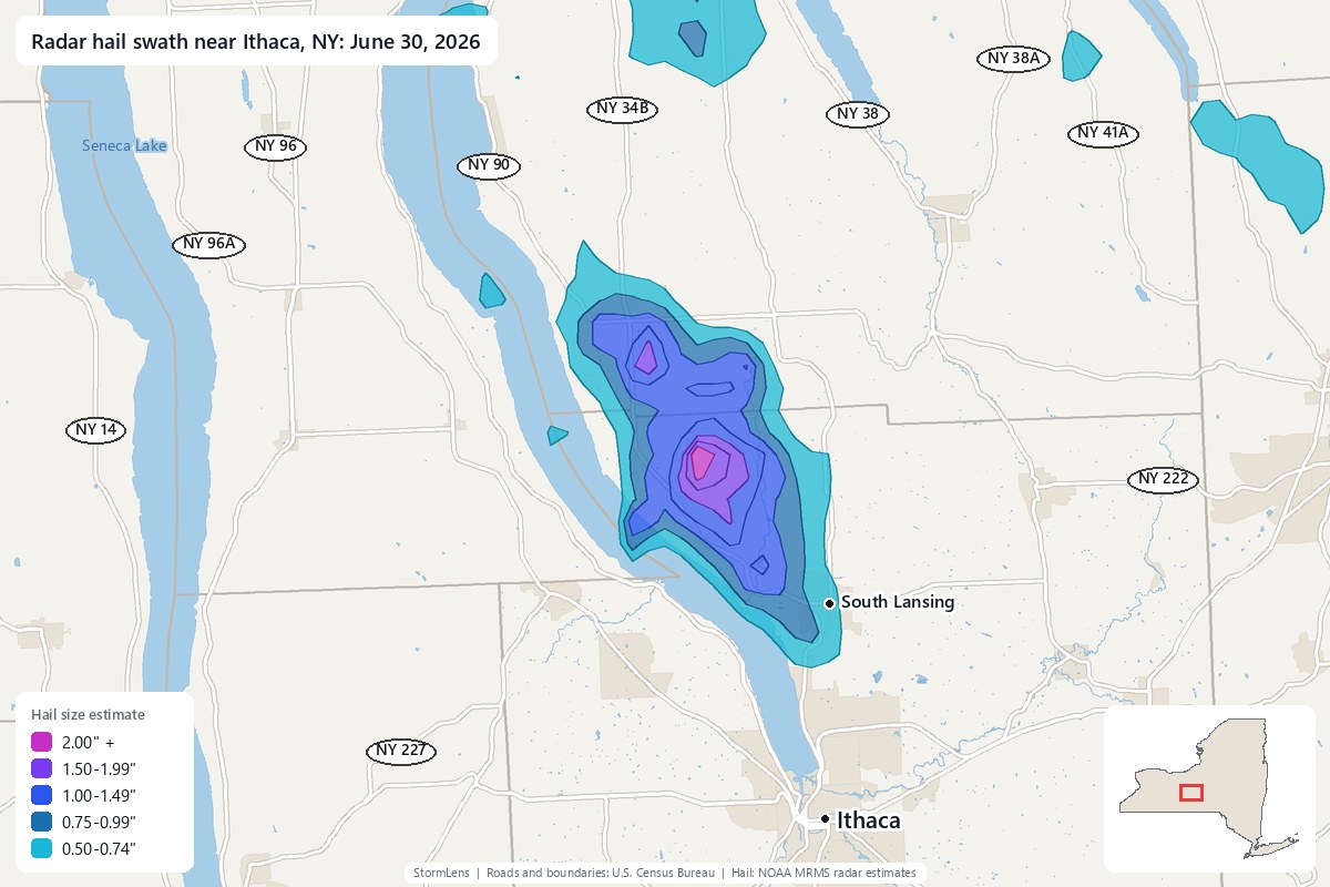 Radar-estimated hail swath near Ithaca, NY on June 30, 2026; colors show estimated hail sizes