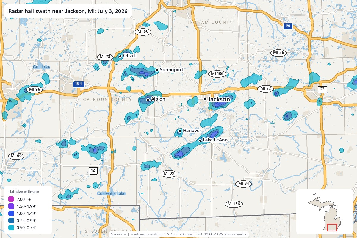 Radar-estimated hail swath near Jackson, MI on July 3, 2026; colors show estimated hail sizes