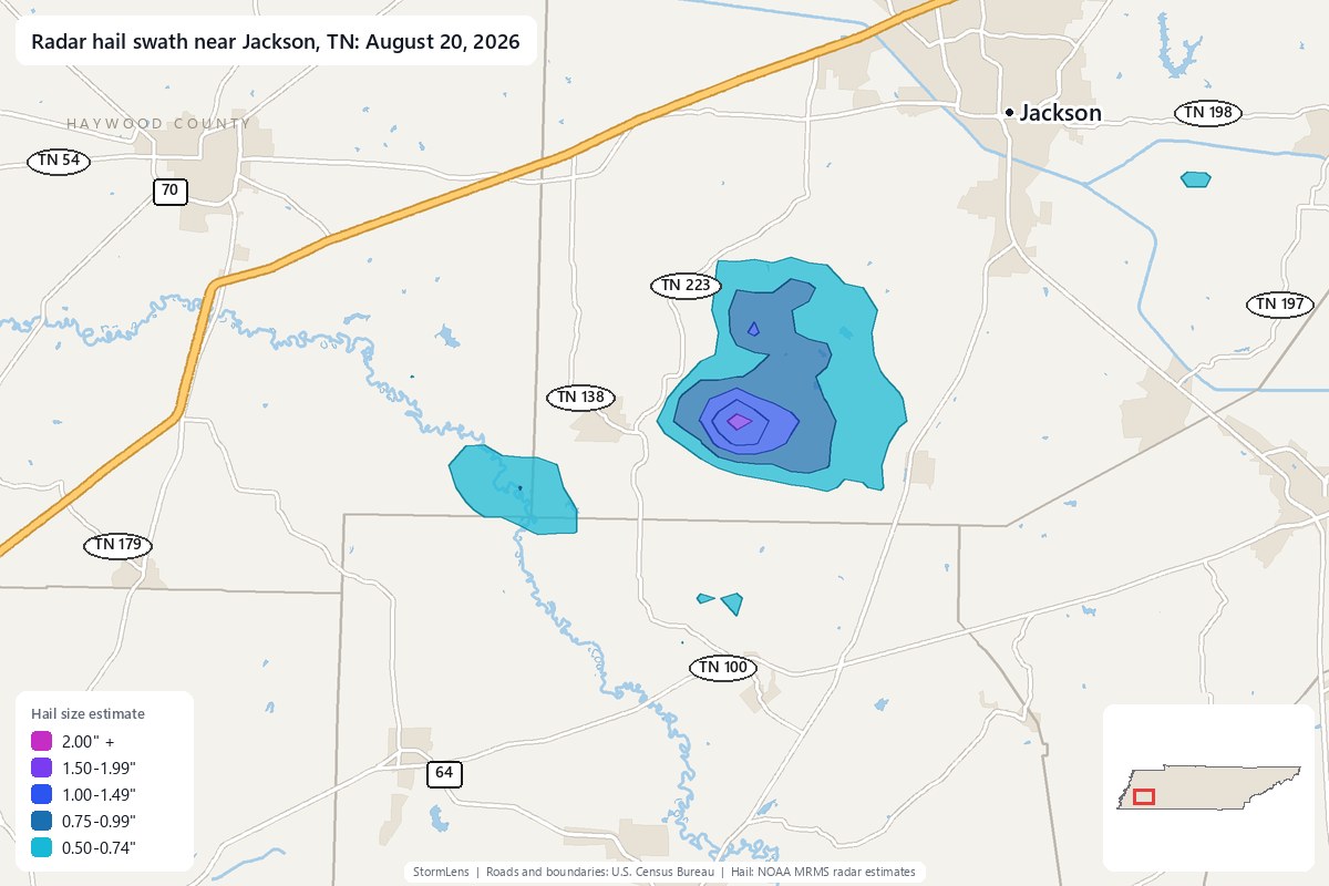 Radar-estimated hail swath near Jackson, TN on August 20, 2026; colors show estimated hail sizes