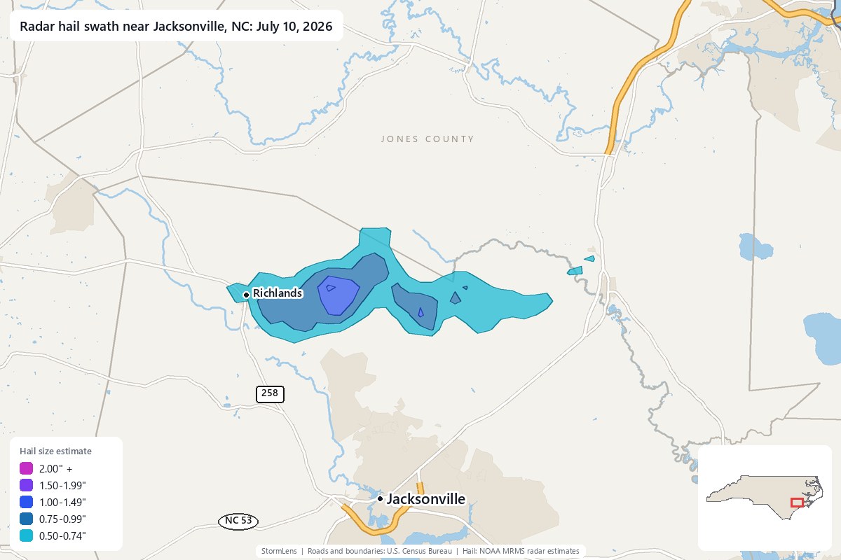 Radar-estimated hail swath near Jacksonville, NC on July 10, 2026; colors show estimated hail sizes