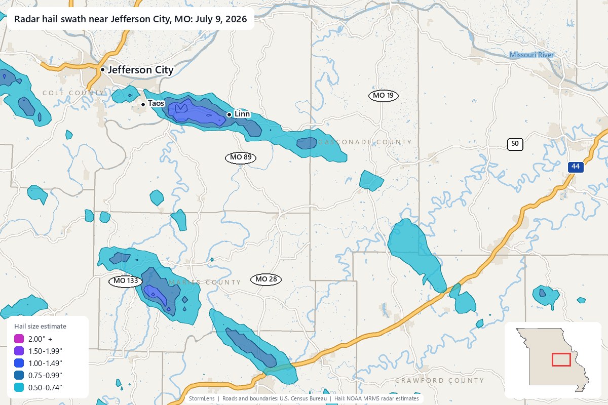 Radar-estimated hail swath near Jefferson City, MO on July 9, 2026; colors show estimated hail sizes