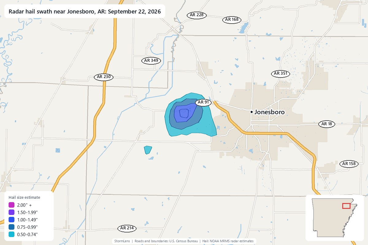 Radar-estimated hail swath near Jonesboro, AR on September 22, 2026; colors show estimated hail sizes