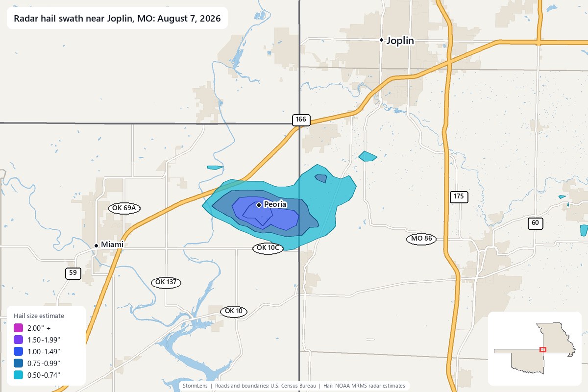 Radar-estimated hail swath near Joplin, MO on August 7, 2026; colors show estimated hail sizes
