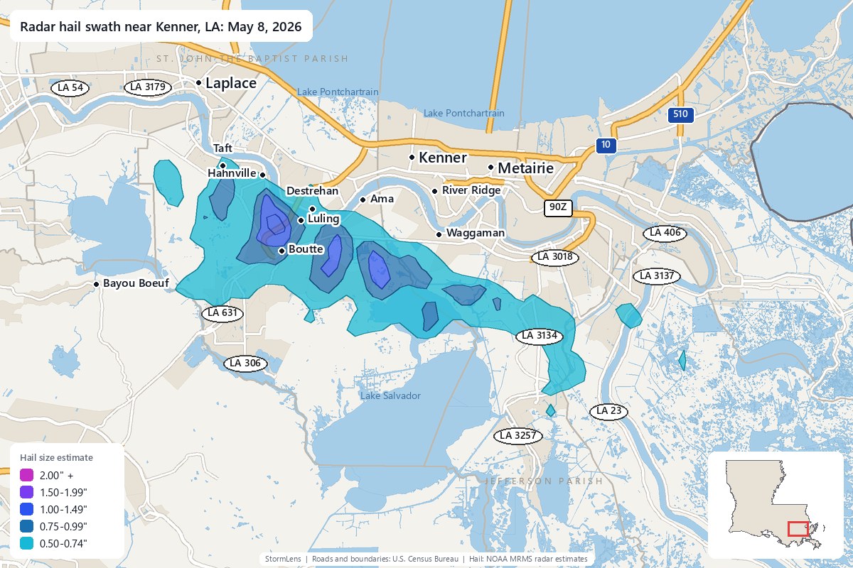 Radar-estimated hail swath near Kenner, LA on May 8, 2026; colors show estimated hail sizes