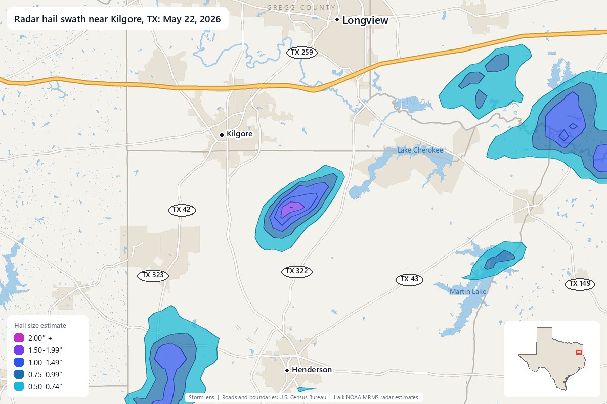 Radar-estimated hail swath near Kilgore, TX on May 22, 2026; colors show estimated hail sizes