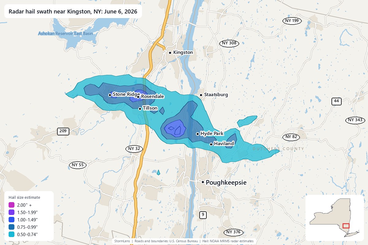 Radar-estimated hail swath near Kingston, NY on June 6, 2026; colors show estimated hail sizes