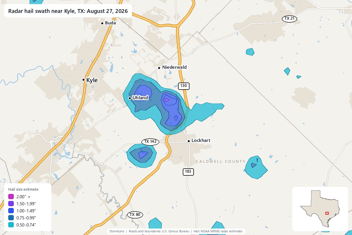 Radar-estimated hail swath near Kyle, TX on August 27, 2026; colors show estimated hail sizes