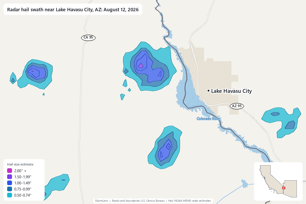 Radar-estimated hail swath near Lake Havasu City, AZ on August 12, 2026; colors show estimated hail sizes