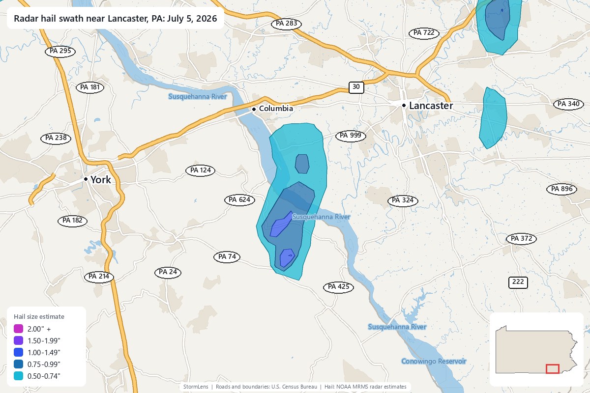 Radar-estimated hail swath near Lancaster, PA on July 5, 2026; colors show estimated hail sizes