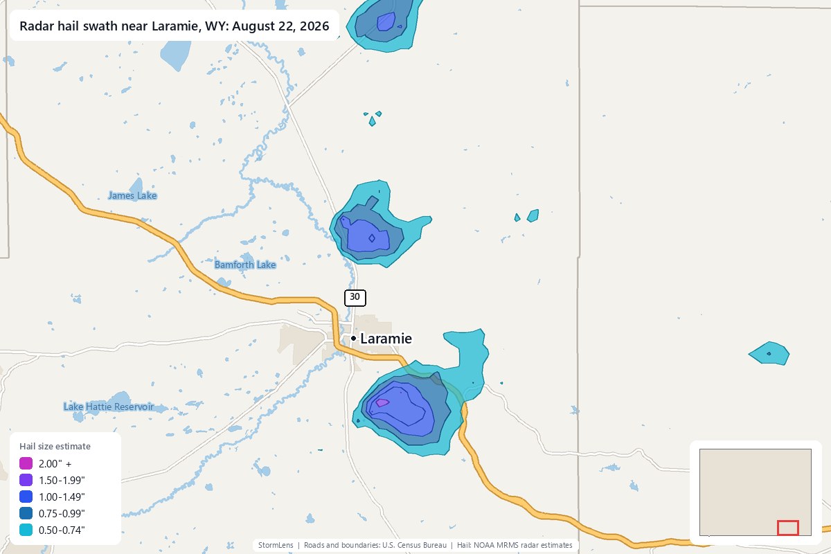 Radar-estimated hail swath near Laramie, WY on August 22, 2026; colors show estimated hail sizes