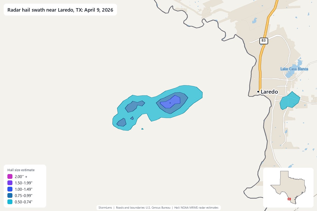 Radar-estimated hail swath near Laredo, TX on April 9, 2026; colors show estimated hail sizes