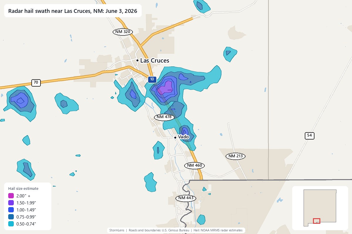 Radar-estimated hail swath near Las Cruces, NM on June 3, 2026; colors show estimated hail sizes
