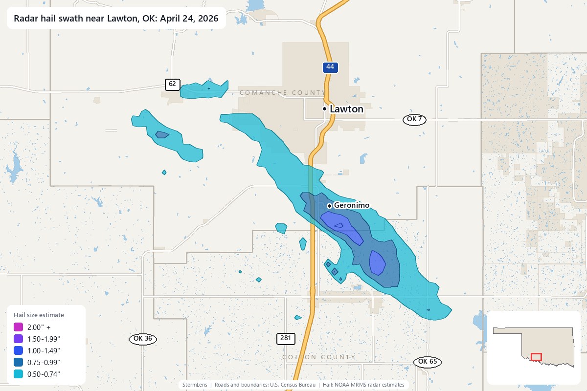 Radar-estimated hail swath near Lawton, OK on April 24, 2026; colors show estimated hail sizes