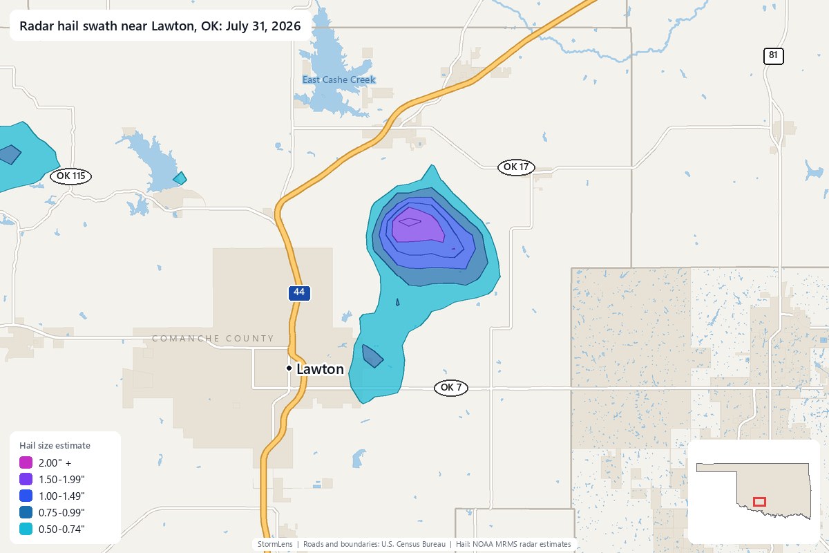 Radar-estimated hail swath near Lawton, OK on July 31, 2026; colors show estimated hail sizes