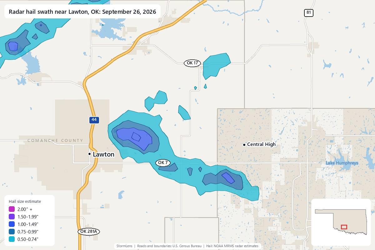 Radar-estimated hail swath near Lawton, OK on September 26, 2026; colors show estimated hail sizes