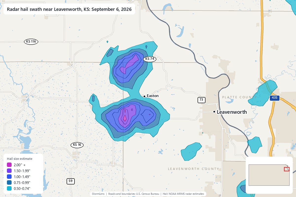 Radar-estimated hail swath near Leavenworth, KS on September 6, 2026; colors show estimated hail sizes