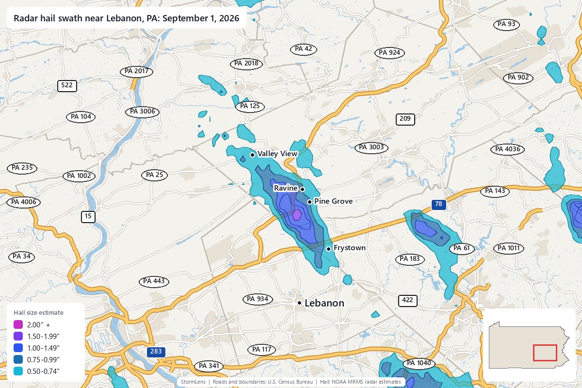 Radar-estimated hail swath near Lebanon, PA on September 1, 2026; colors show estimated hail sizes