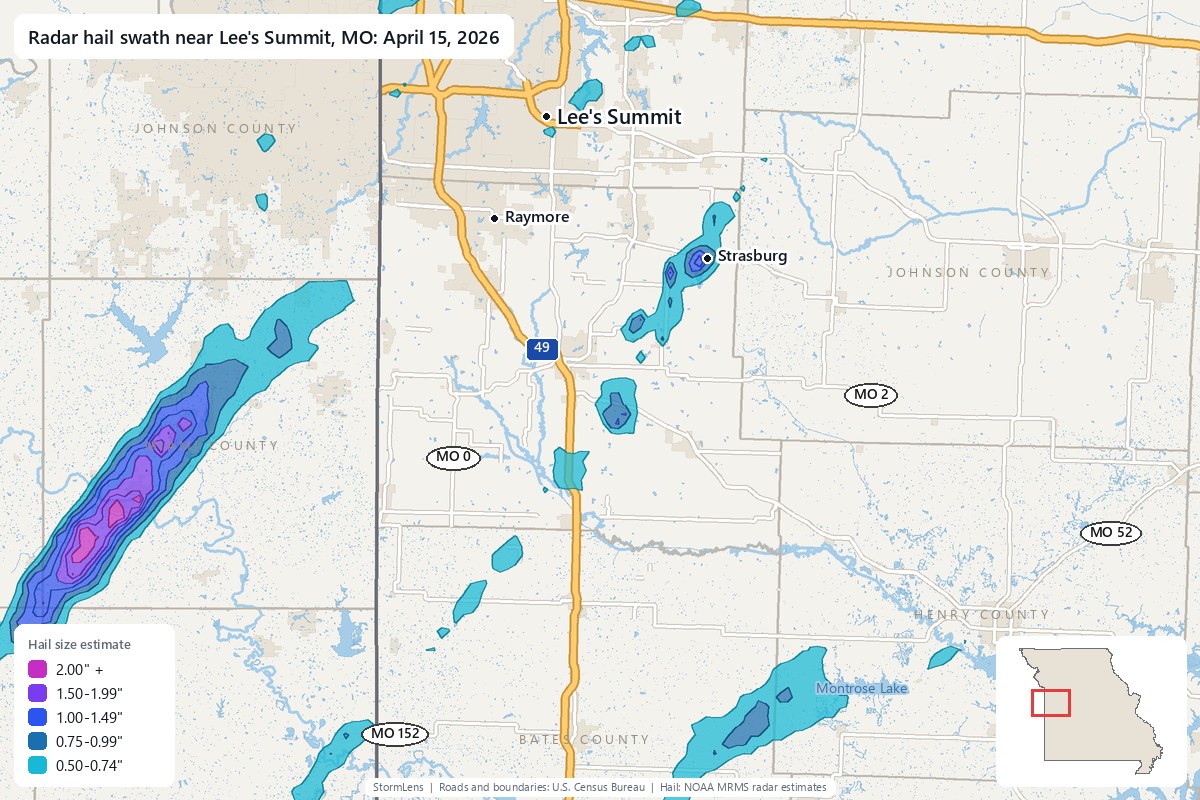 Radar-estimated hail swath near Lee's Summit, MO on April 15, 2026; colors show estimated hail sizes