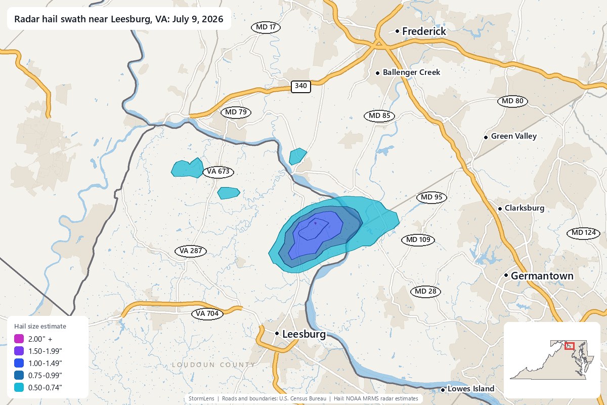 Radar-estimated hail swath near Leesburg, VA on July 9, 2026; colors show estimated hail sizes