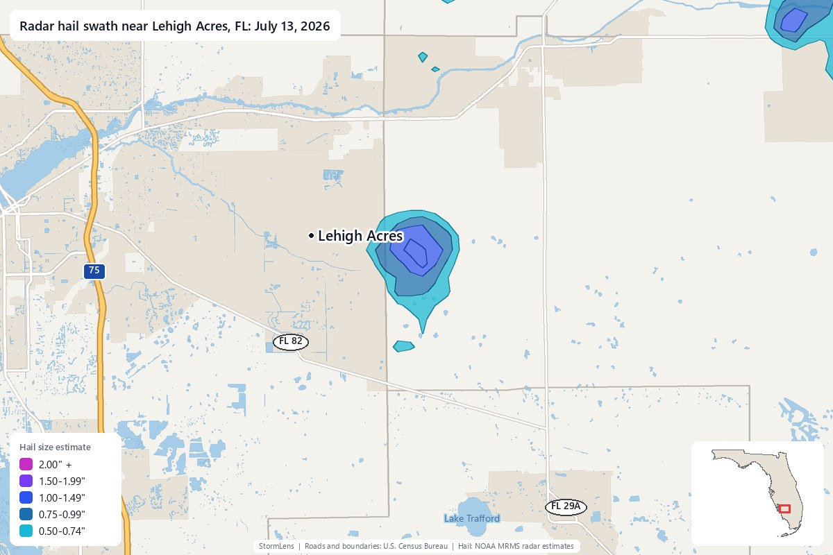 Radar-estimated hail swath near Lehigh Acres, FL on July 13, 2026; colors show estimated hail sizes