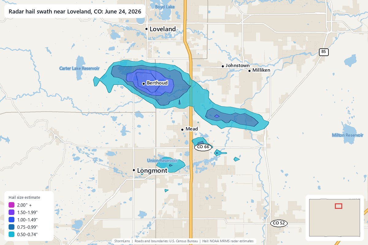 Radar-estimated hail swath near Loveland, CO on June 24, 2026; colors show estimated hail sizes
