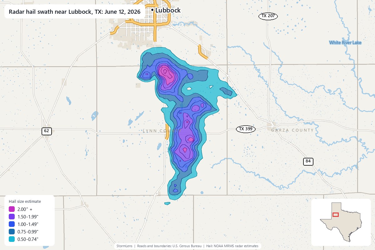 Radar-estimated hail swath near Lubbock, TX on June 12, 2026; colors show estimated hail sizes