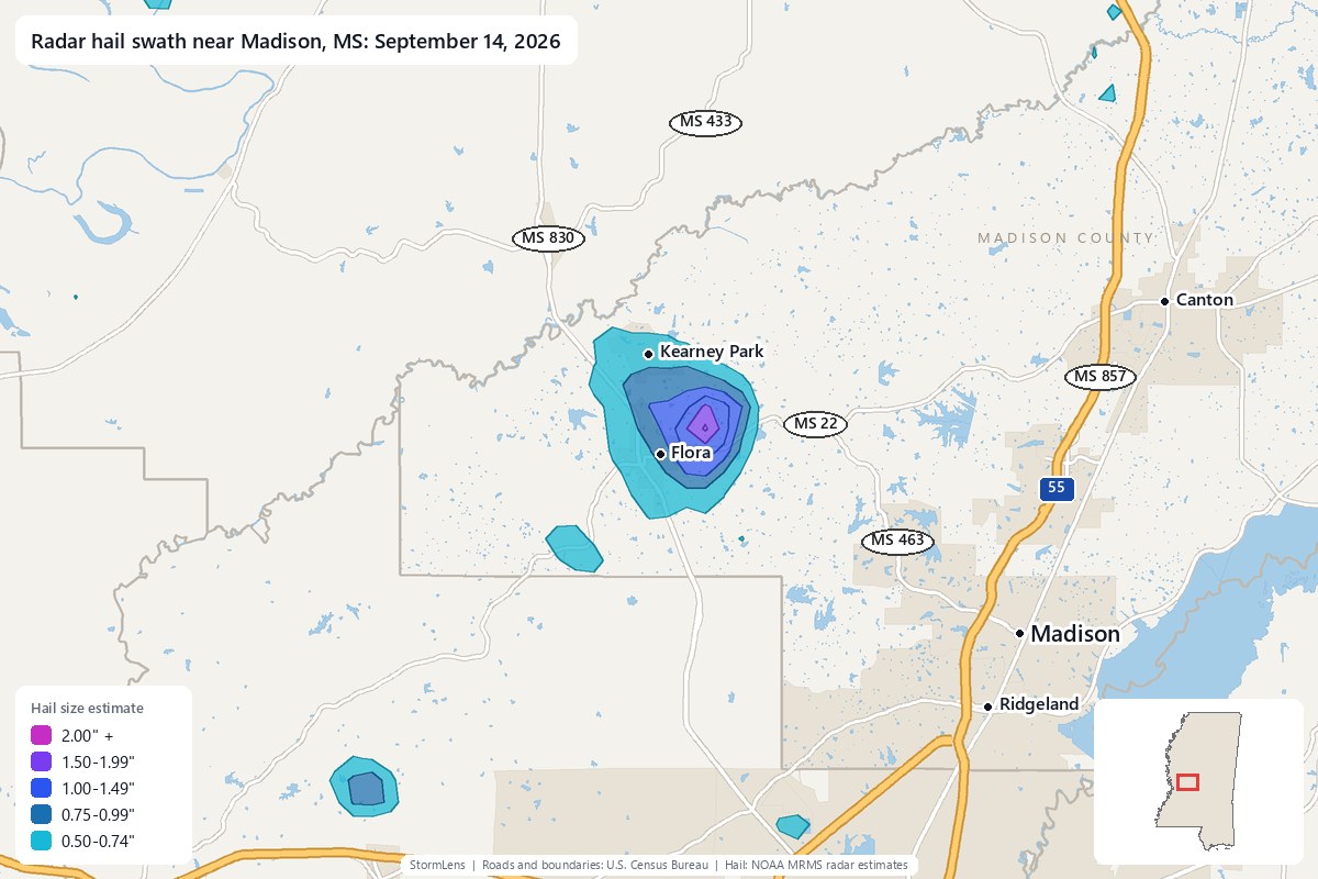 Radar-estimated hail swath near Madison, MS on September 14, 2026; colors show estimated hail sizes