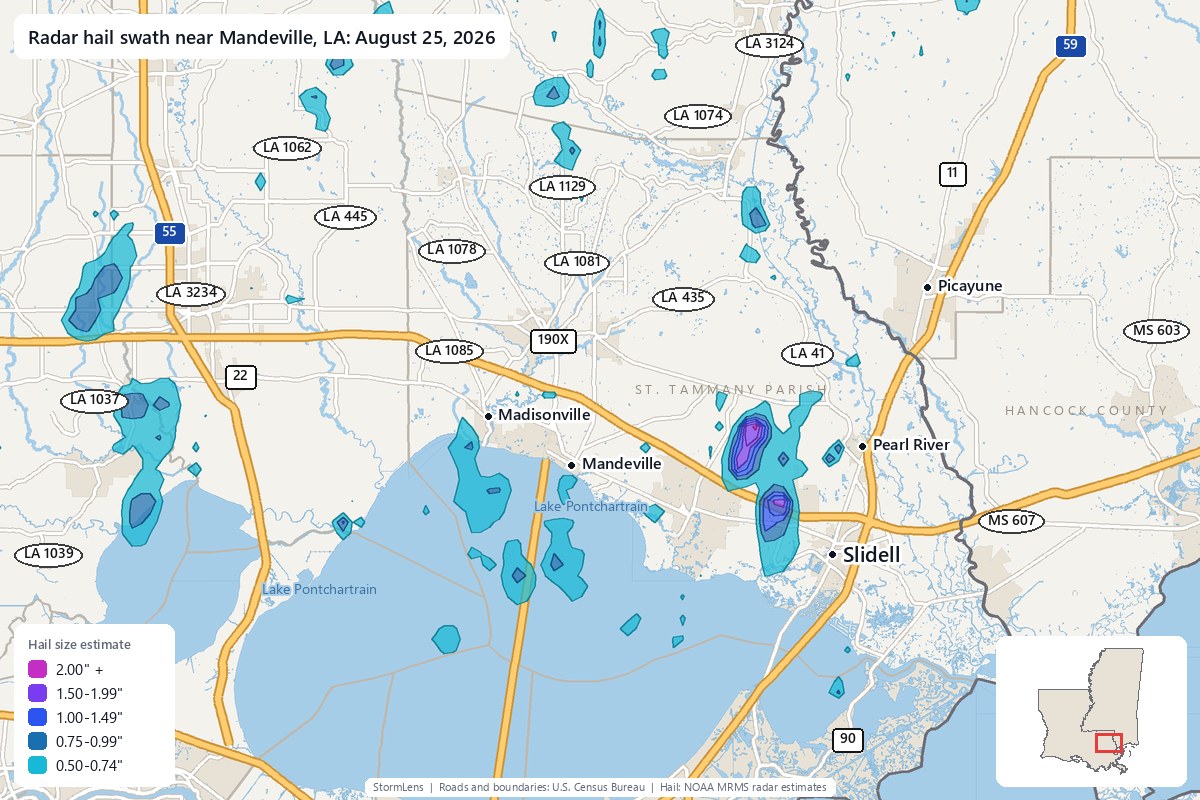 Radar-estimated hail swath near Mandeville, LA on August 25, 2026; colors show estimated hail sizes
