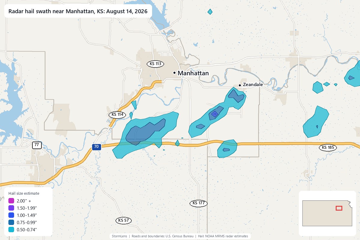 Radar-estimated hail swath near Manhattan, KS on August 14, 2026; colors show estimated hail sizes