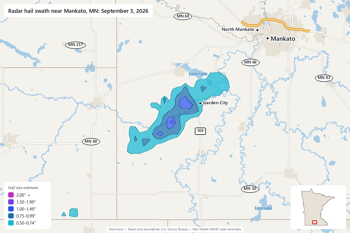 Radar-estimated hail swath near Mankato, MN on September 3, 2026; colors show estimated hail sizes