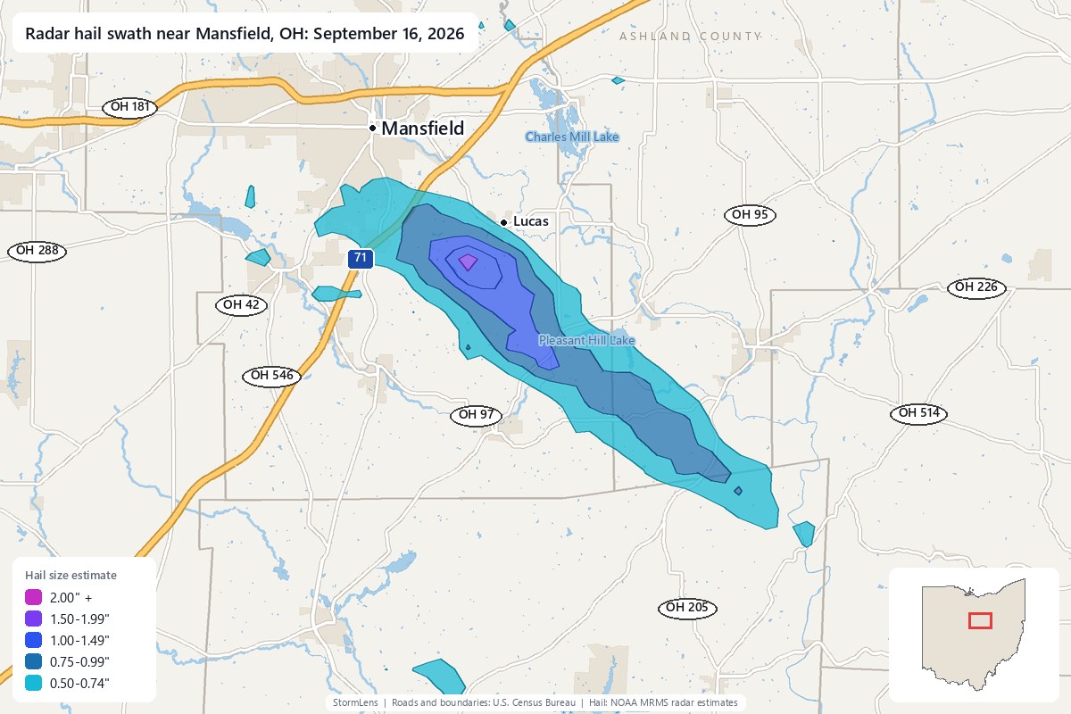 Radar-estimated hail swath near Mansfield, OH on September 16, 2026; colors show estimated hail sizes