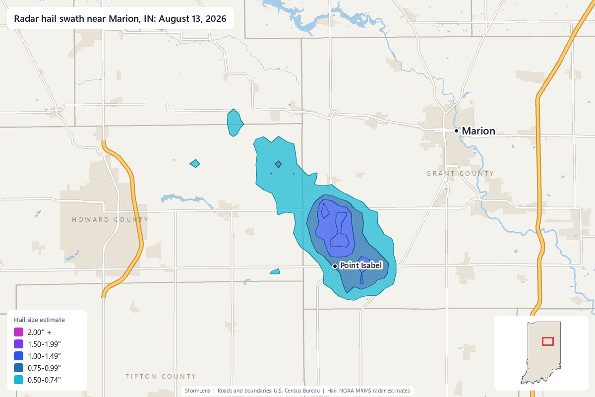 Radar-estimated hail swath near Marion, IN on August 13, 2026; colors show estimated hail sizes