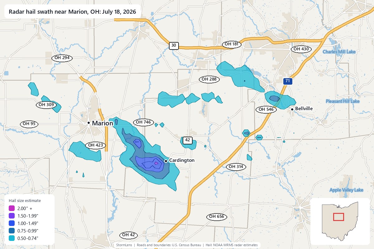 Radar-estimated hail swath near Marion, OH on July 18, 2026; colors show estimated hail sizes