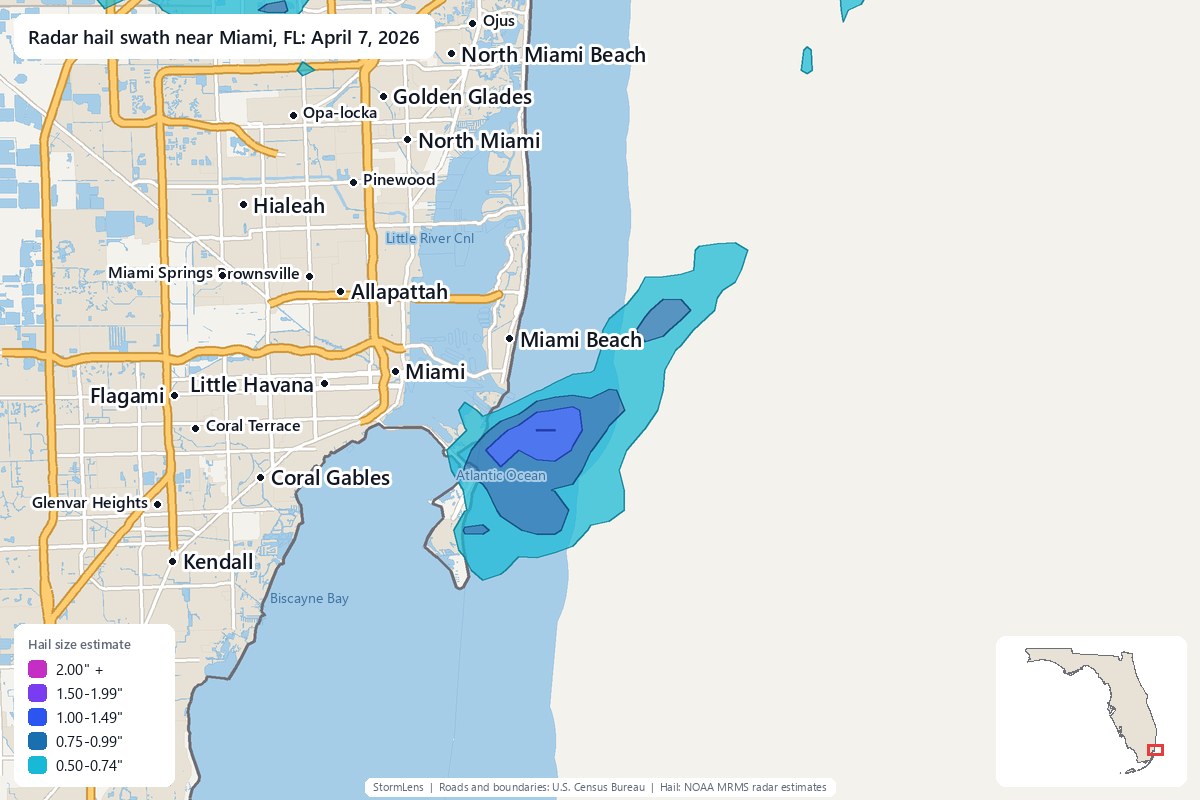 Radar-estimated hail swath near Miami, FL on April 7, 2026; colors show estimated hail sizes
