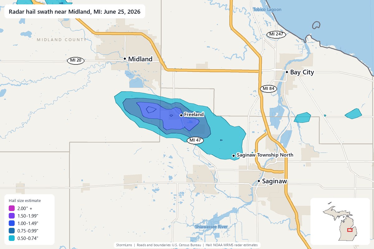 Radar-estimated hail swath near Midland, MI on June 25, 2026; colors show estimated hail sizes