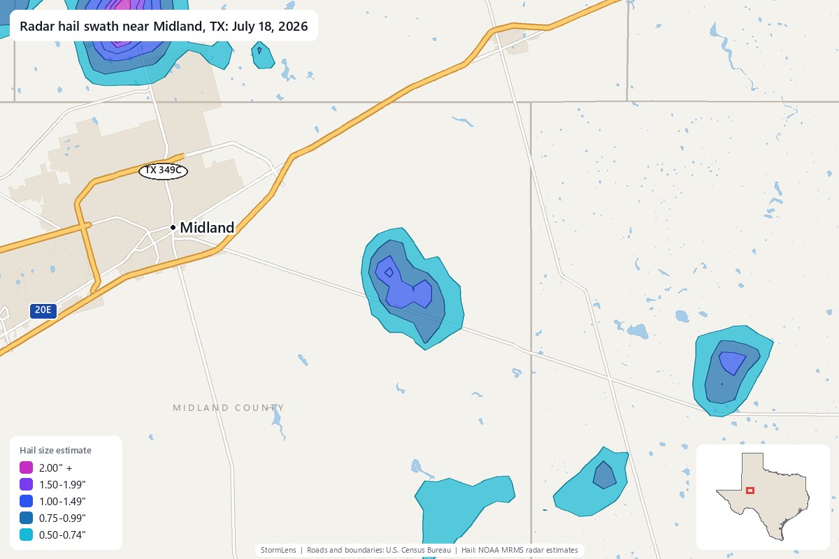Radar-estimated hail swath near Midland, TX on July 18, 2026; colors show estimated hail sizes