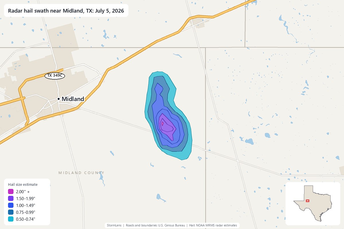Radar-estimated hail swath near Midland, TX on July 5, 2026; colors show estimated hail sizes