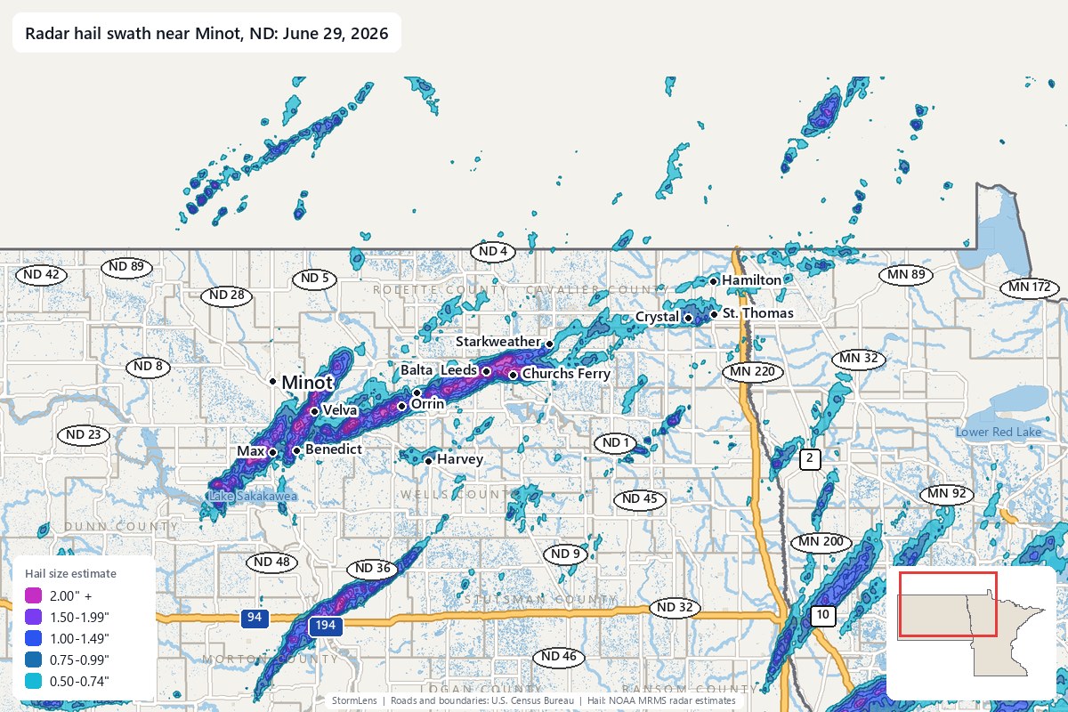 Radar-estimated hail swath near Minot, ND on June 29, 2026; colors show estimated hail sizes
