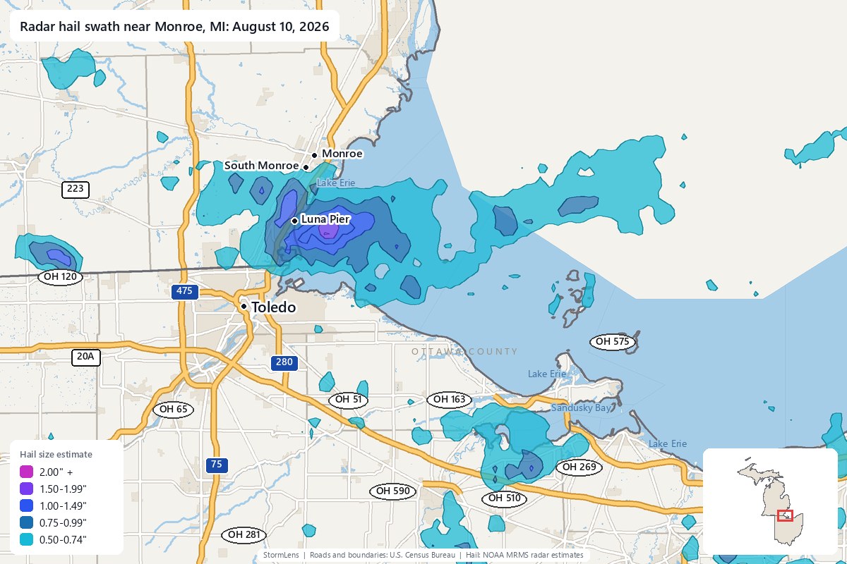 Radar-estimated hail swath near Monroe, MI on August 10, 2026; colors show estimated hail sizes