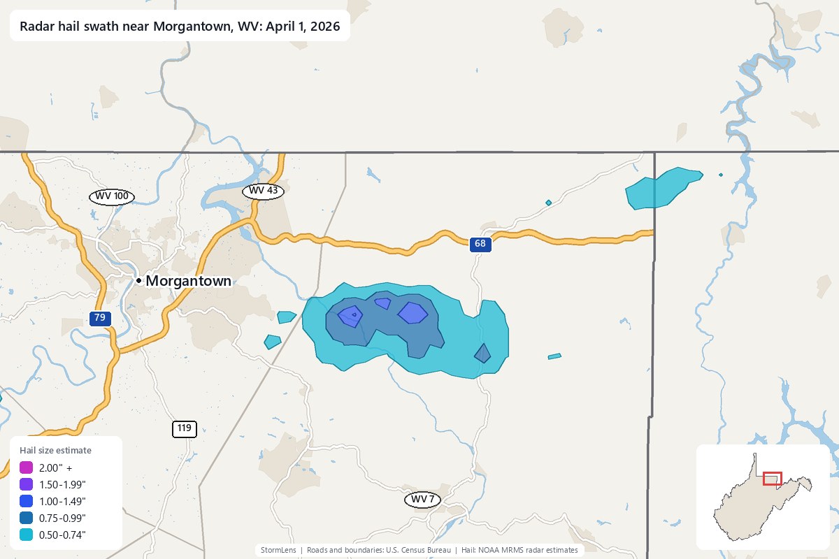 Radar-estimated hail swath near Morgantown, WV on April 1, 2026; colors show estimated hail sizes