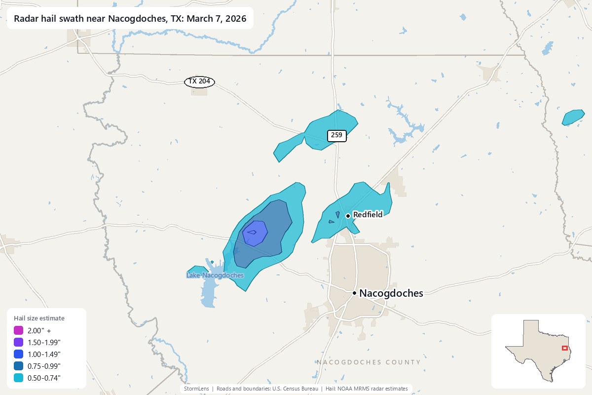 Radar-estimated hail swath near Nacogdoches, TX on March 7, 2026; colors show estimated hail sizes