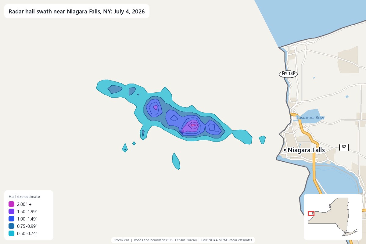 Radar-estimated hail swath near Niagara Falls, NY on July 4, 2026; colors show estimated hail sizes