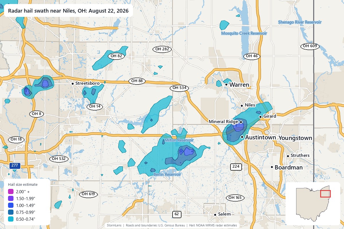 Radar-estimated hail swath near Niles, OH on August 22, 2026; colors show estimated hail sizes